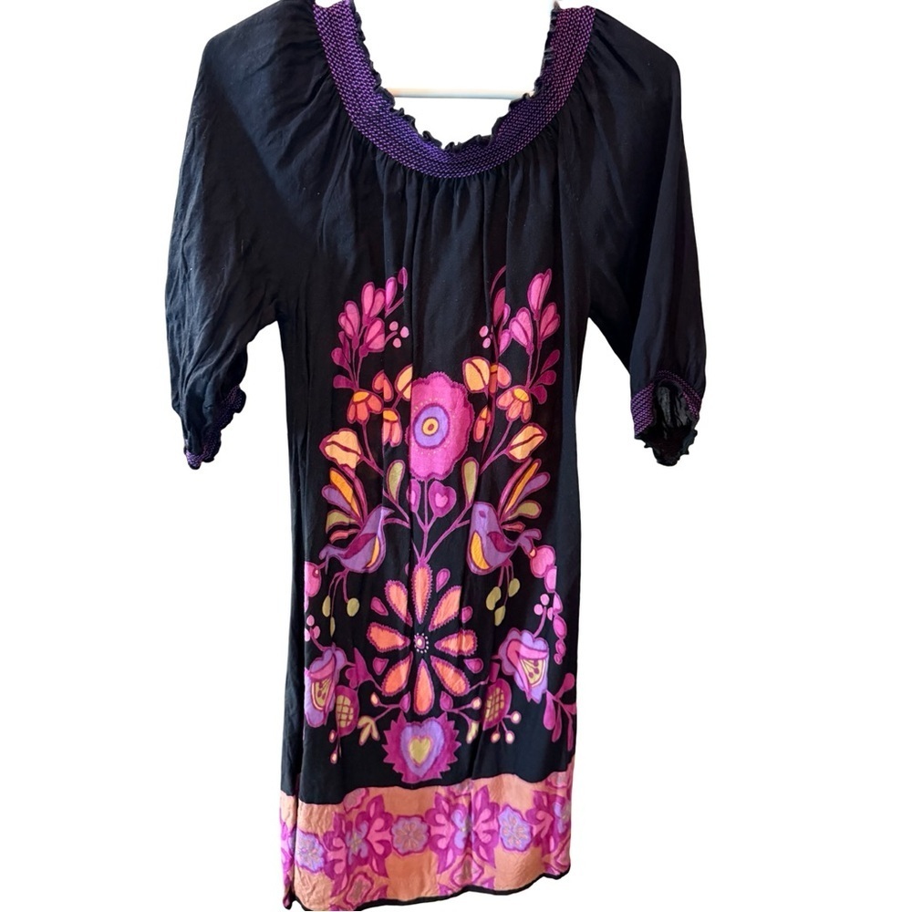 Black Boho Peasant Dress | Bird Floral Print | Smocked Neckline | Size M - Picture 6 of 11
